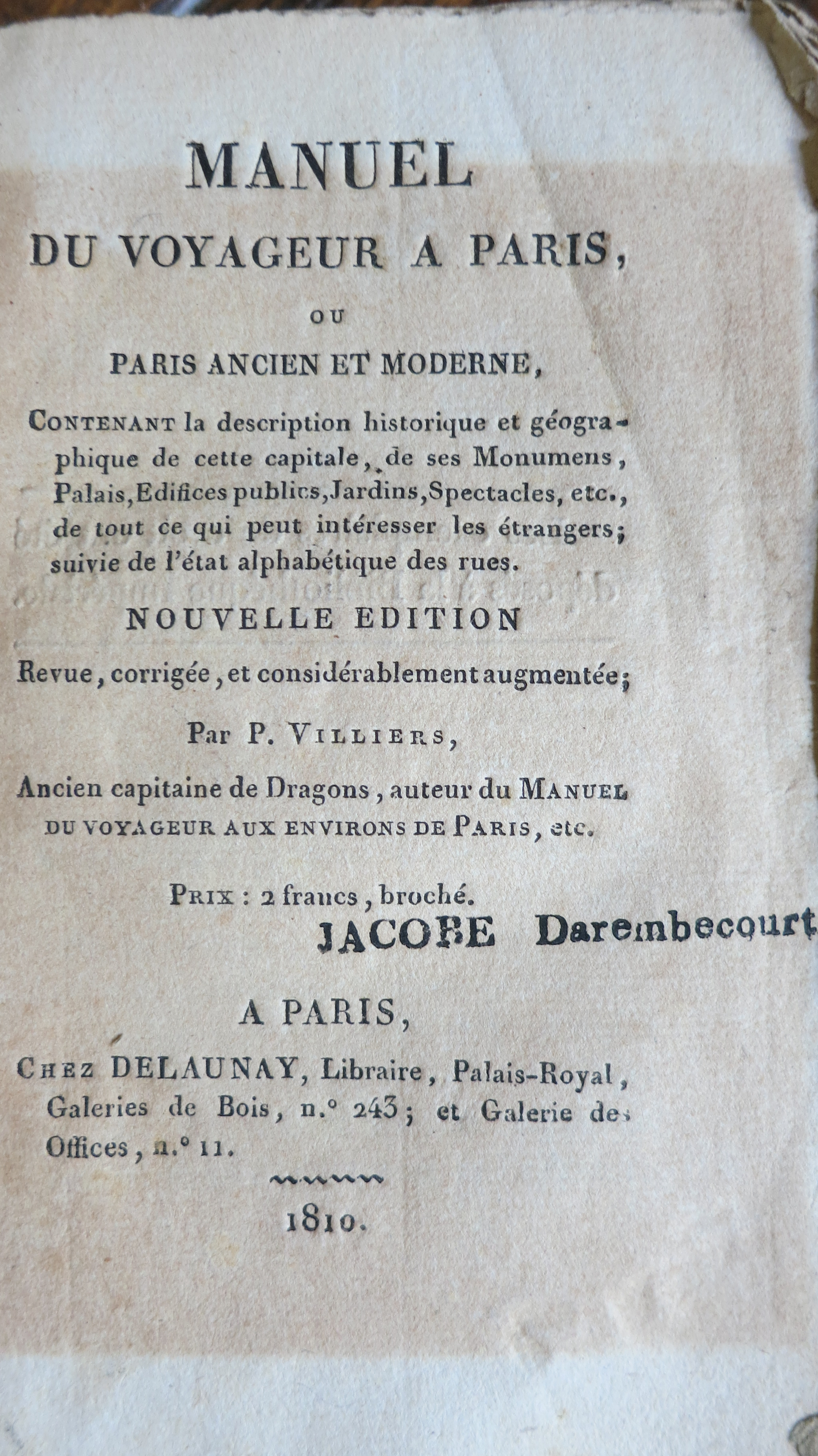 Manuel du voyageur à Paris 1810